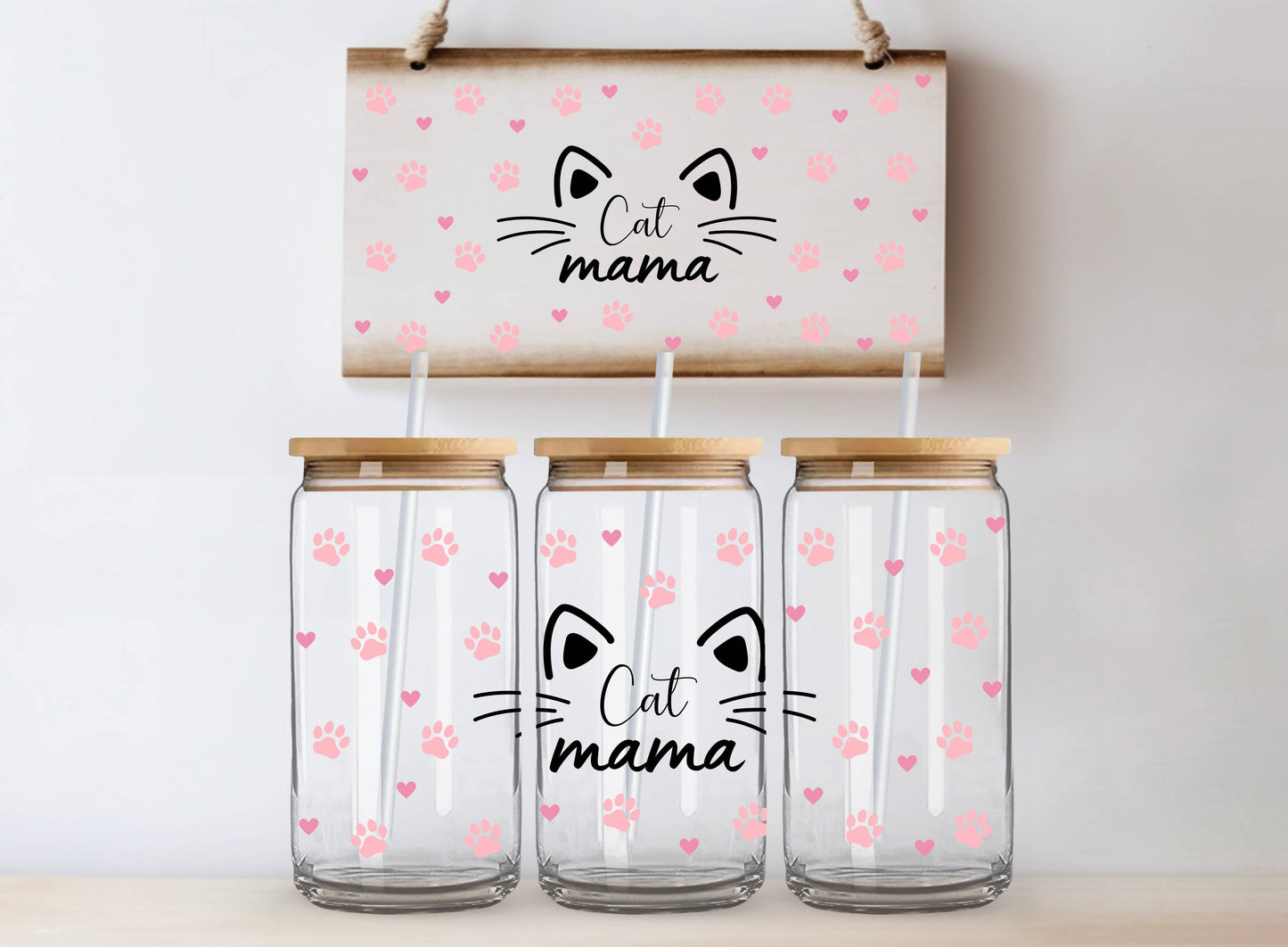 Tumbler "Cat Mama", cu print față-verso, capac din bambus și pai