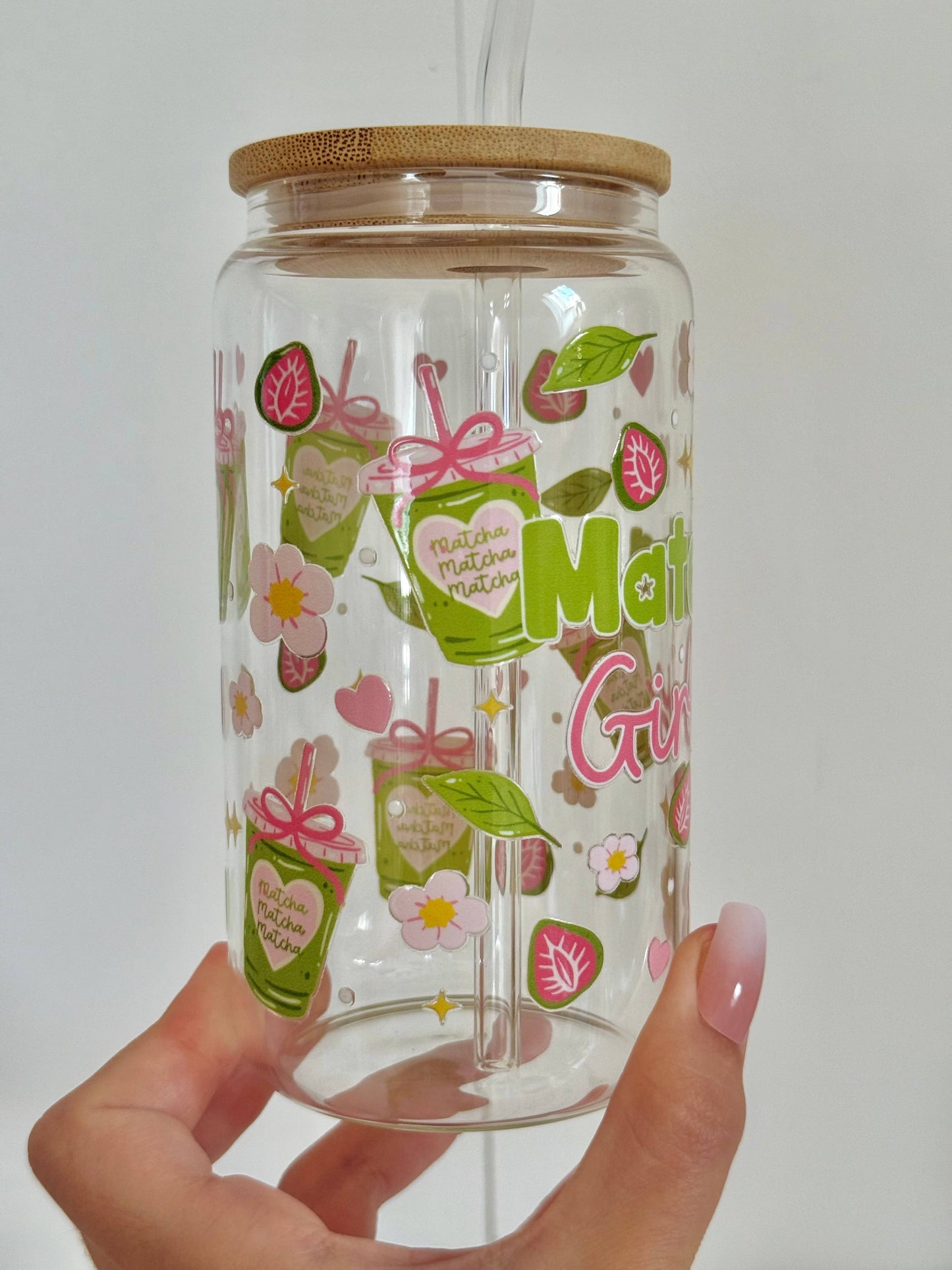 Tumbler "Matcha Girly", cu print față-verso, capac din bambus și pai