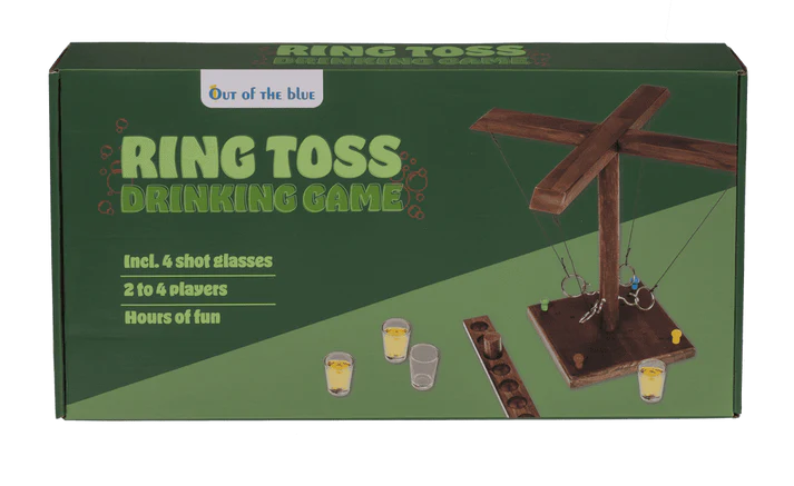 Joc de băut, cu inele, Ring Toss, din lemn, 4 pahare shot, pentru 2–4 jucători