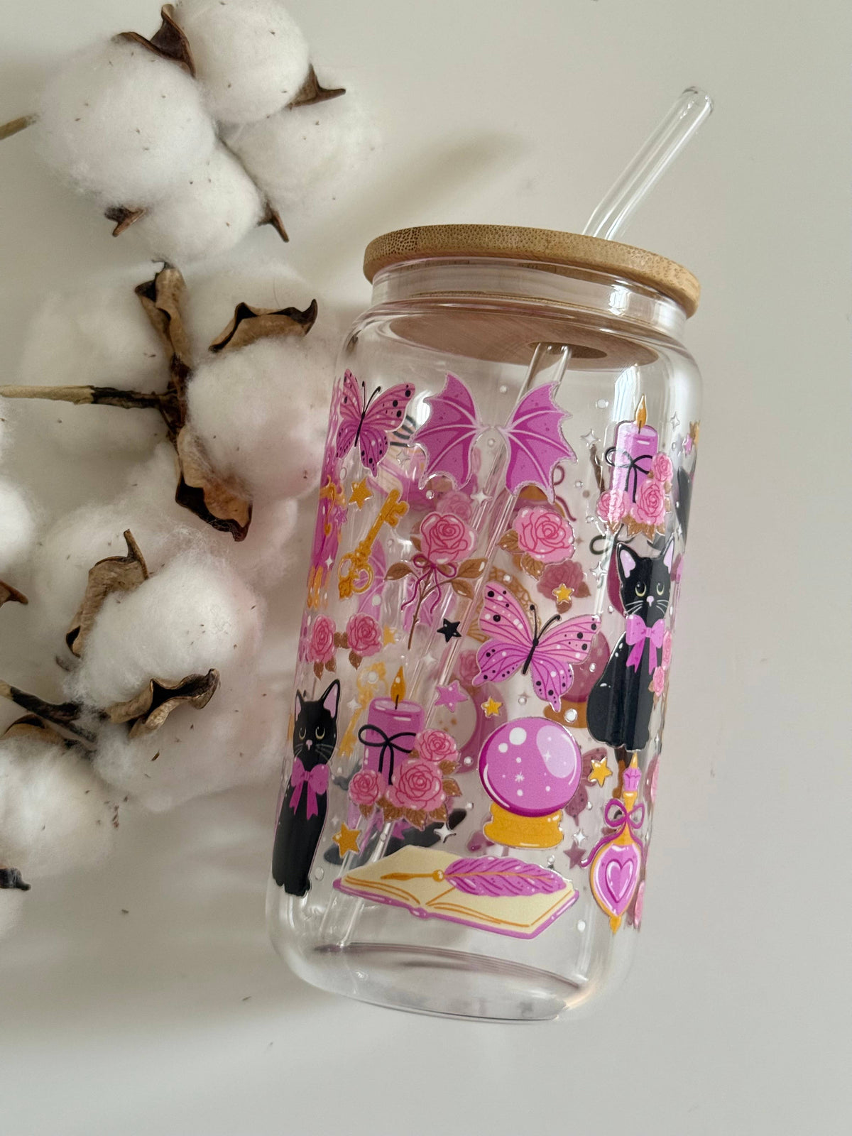 Tumbler "Witchy Cat", capac din bambus și pai
