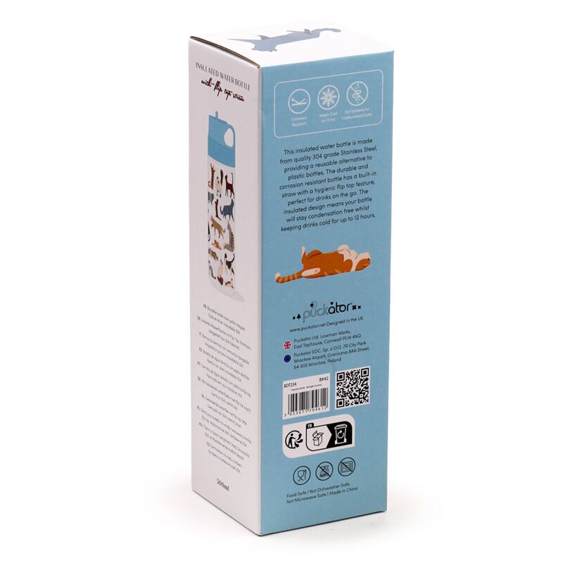 Sticla termica cu pai, perete dublu izolat, tematica pisici, Feline Fine, termos pentru bauturi calde si reci, otel inoxidabil