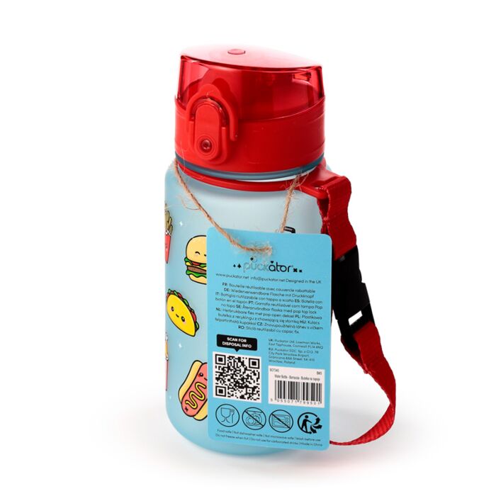 Sticla de apa pop top, pentru copii, design vesel, Foodiemals, rezistenta la impact, sistem de agatare, material ecologic Ecozen, fara BPA, 350 ml