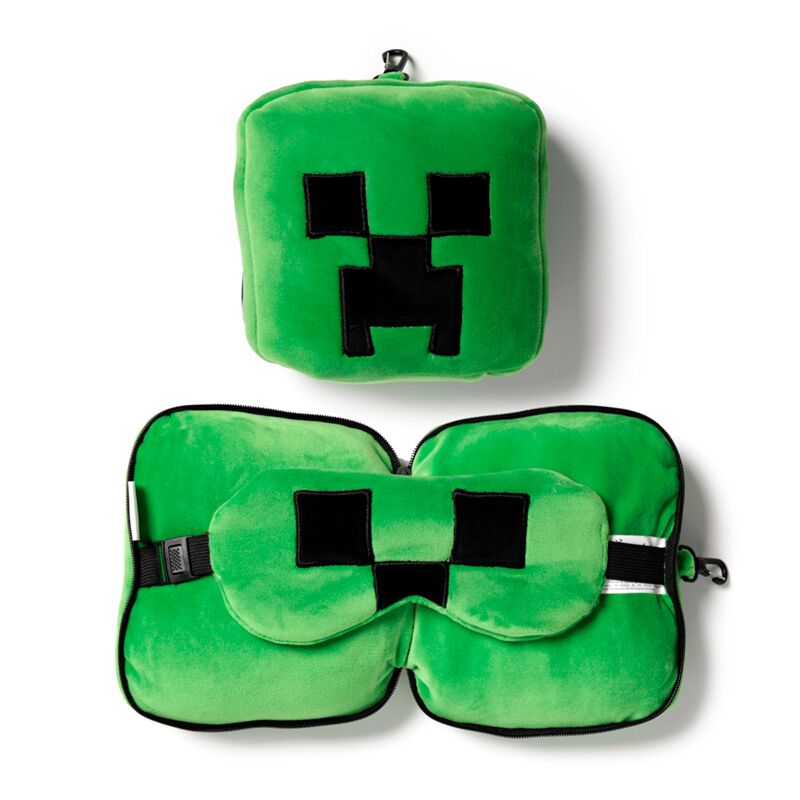 Perna de calatorie de plus & masca pentru somn, Minecraft, cu fermoar, pentru masina/avion, Verde