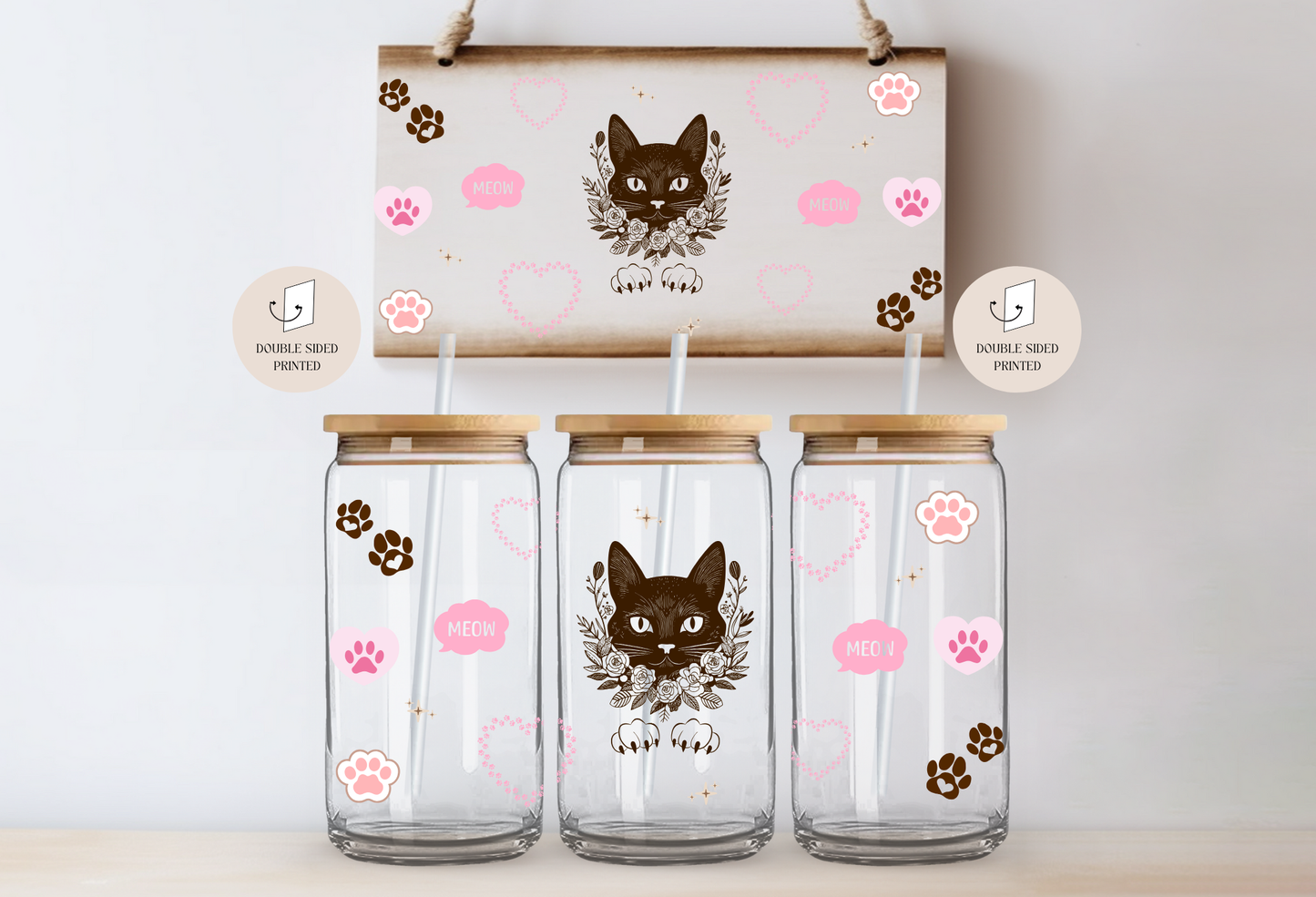 Tumbler "Elegant Cat", cu print față-verso, capac din bambus și pai