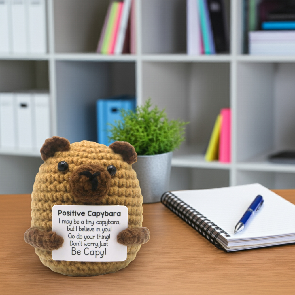 Mascotă croșetată, model capibara Positive Capybara, mesaj motivațional
