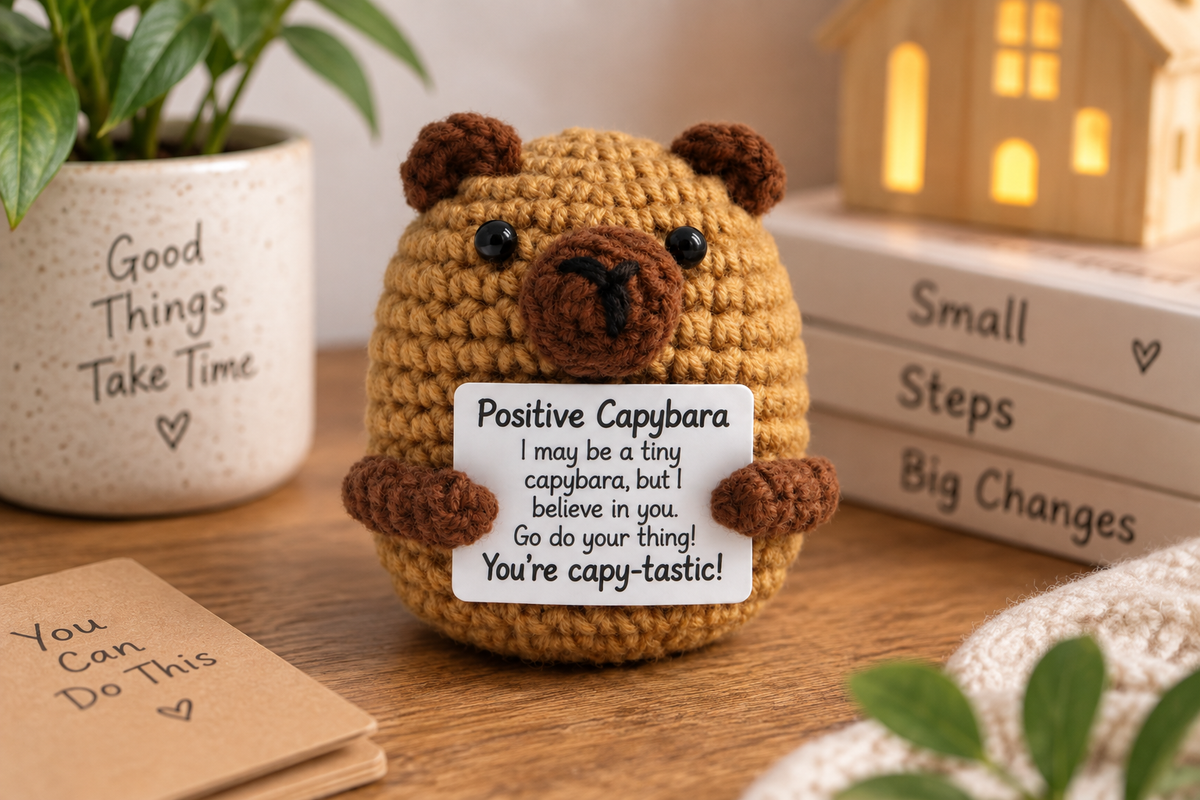 Mascotă croșetată, model capibara Positive Capybara, mesaj motivațional