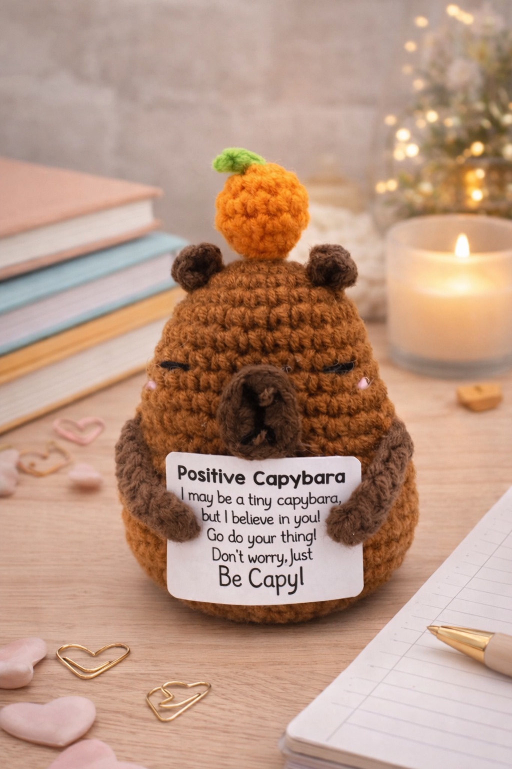Mascotă croșetată, model capibara, mesaj Be Capy- Cadou Pozitiv Decorativ