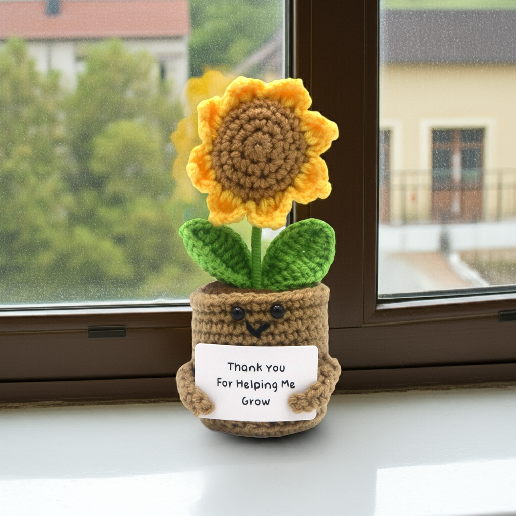 Floare croșetată în ghiveci, în formă de Floarea Soarelui, Positive Sunflower, cu mesaj motivațional