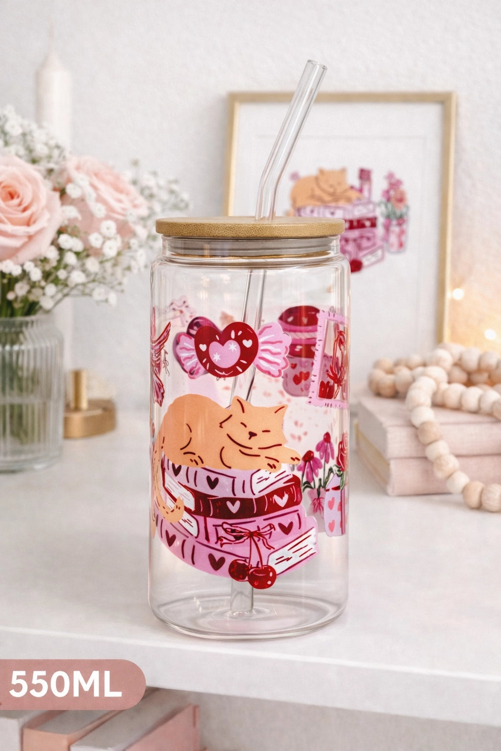 Tumbler "Coquette Valentine" cu print față-verso, capac din bambus și pai