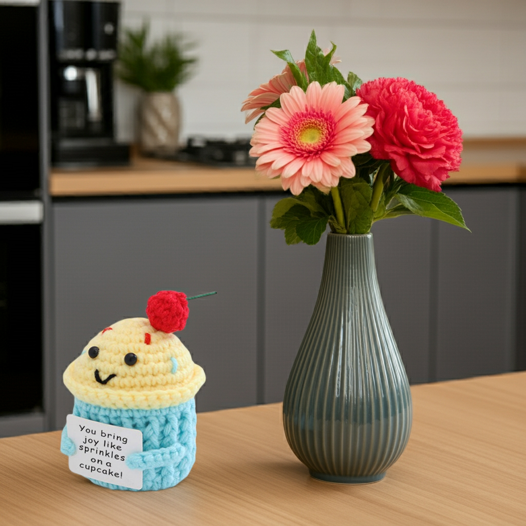 Mascotă croșetată, model brioșă Positive Cupcake, mesaj motivațional