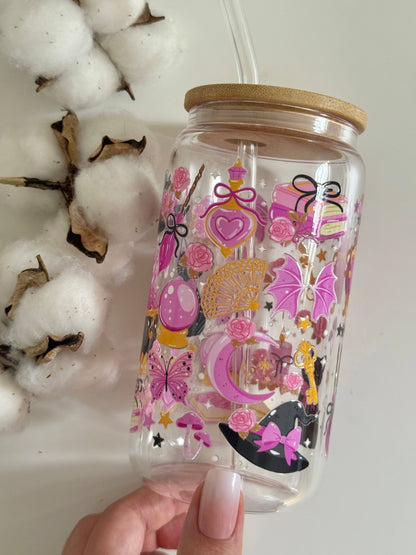 Tumbler "Witchy Cat", capac din bambus și pai + Cadou Set Coastere Lisa Parker