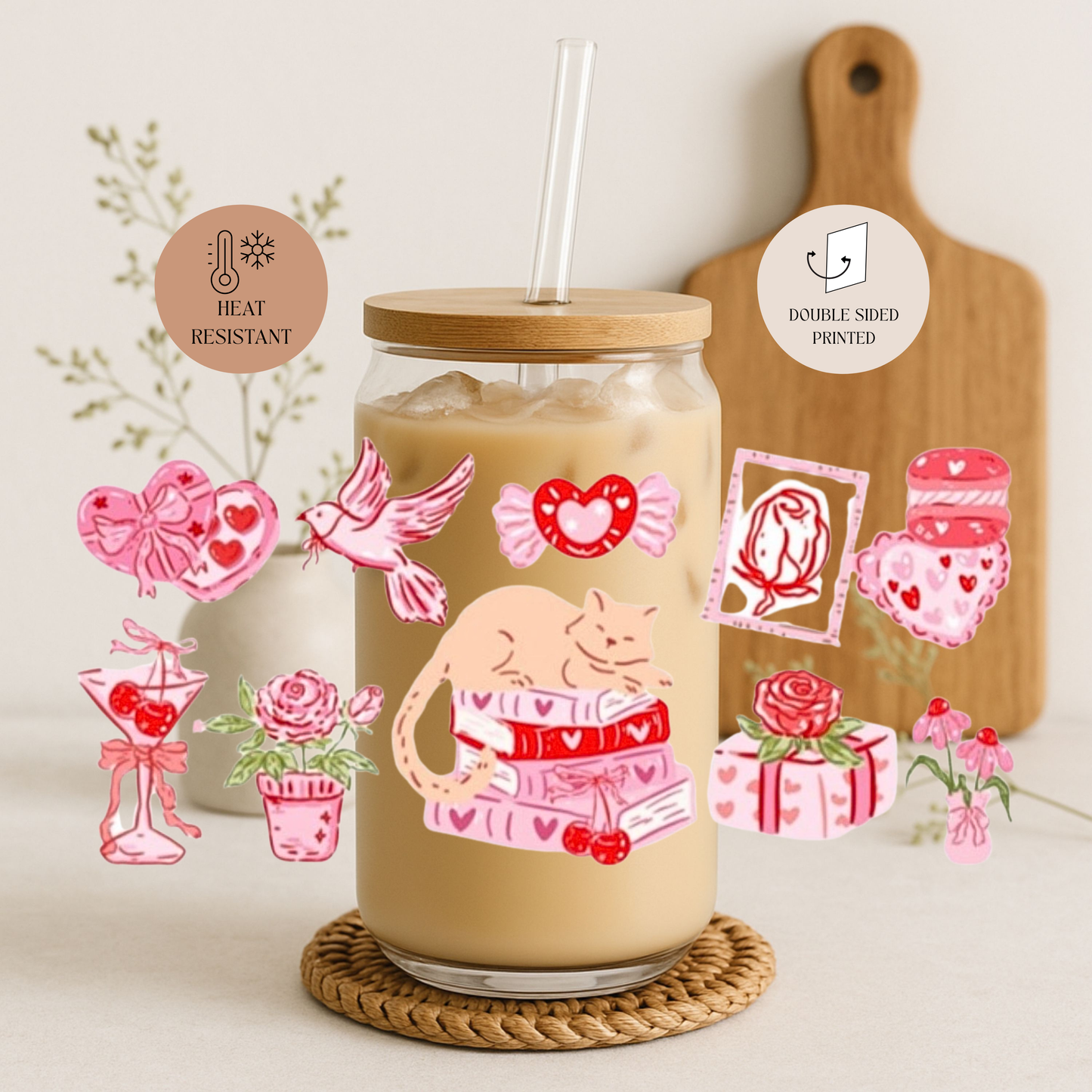 Tumbler "Coquette Valentine" cu print față-verso, capac din bambus și pai