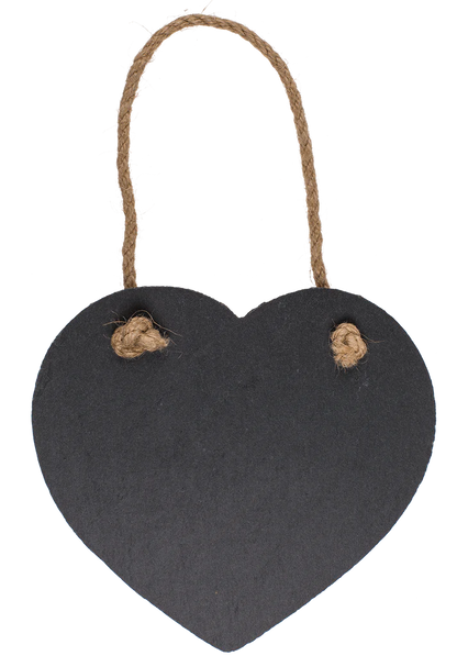 Placă decorativă din ardezie în formă de inimă, cu șnur din iută și cretă