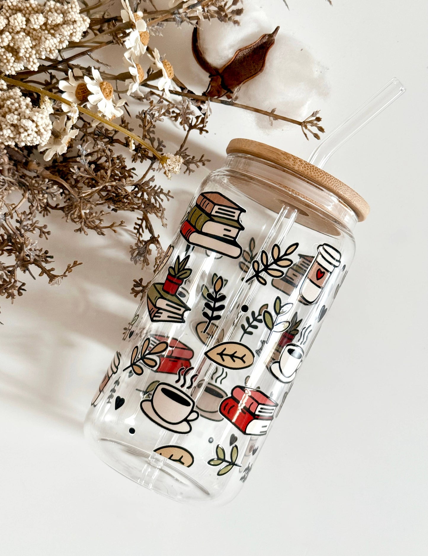 Tumbler "Books & Coffee", cu print față-verso, capac din bambus și pai