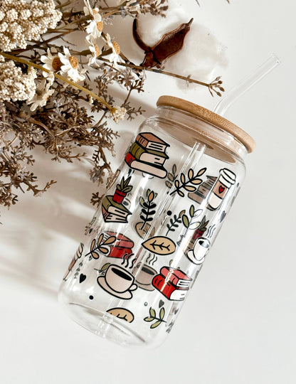 Tumbler "Books & Coffee", cu print față-verso, capac din bambus și pai