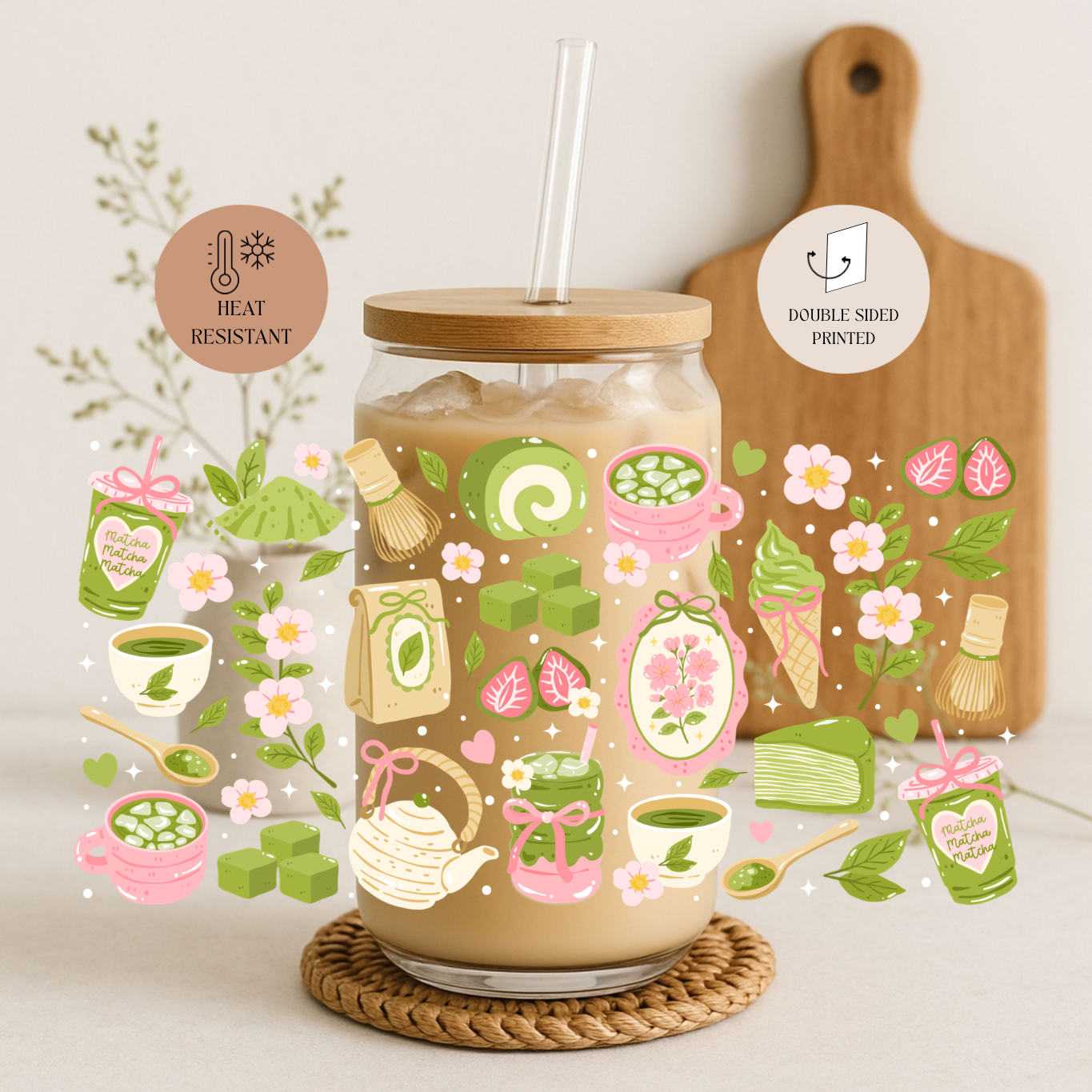 Tumbler "Matcha", cu print față-verso, capac din bambus și pai