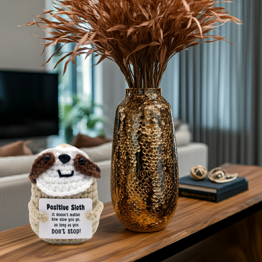 Mascotă croșetată, model leneș, Positive Sloth, mesaj motivațional