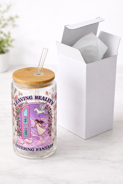 Tumbler "Leaving Reality Entering Fantasy", cu print față-verso, capac din bambus și pai