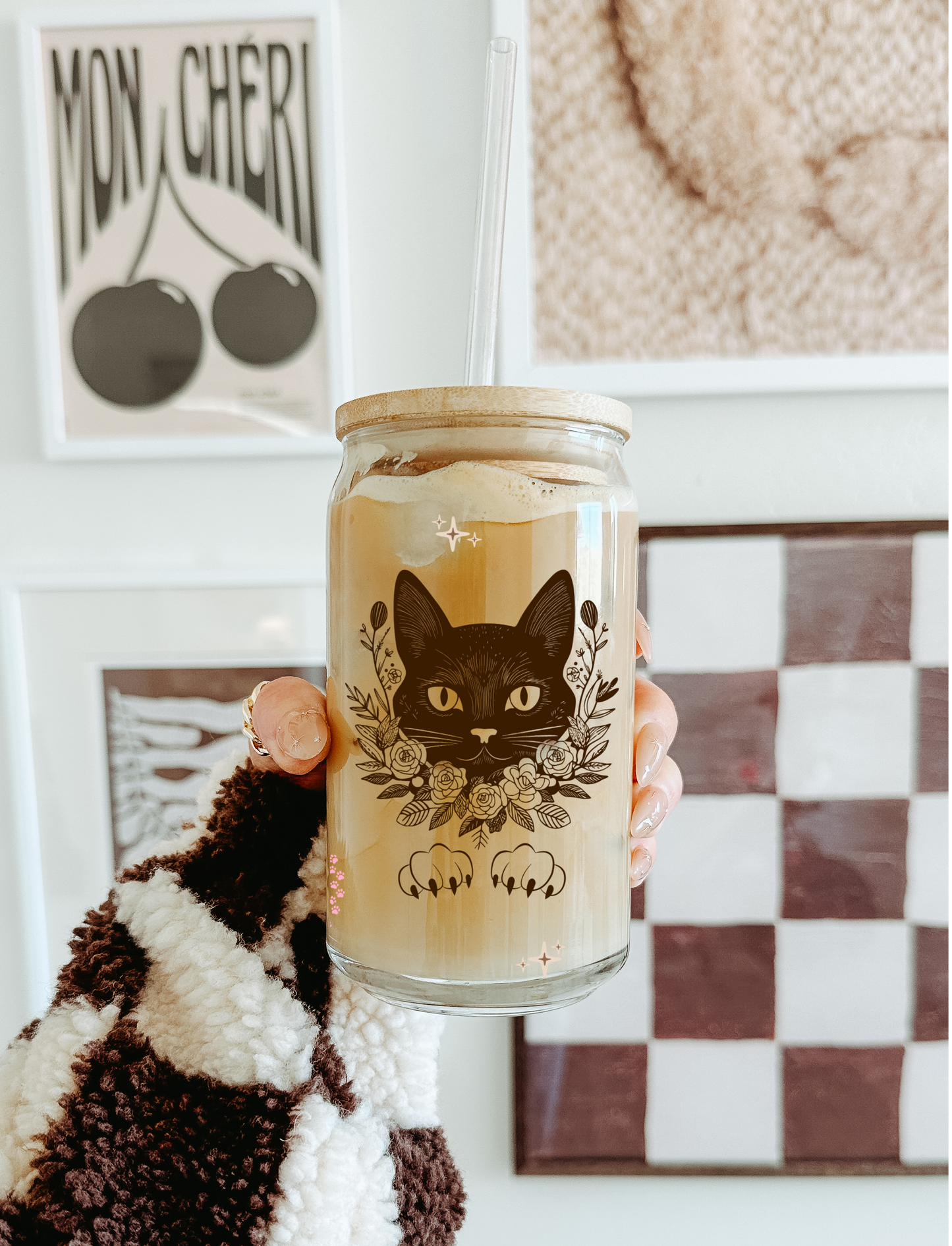 Tumbler "Elegant Cat", cu print față-verso, capac din bambus și pai