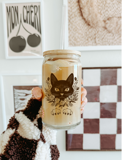 Tumbler "Elegant Cat", cu print față-verso, capac din bambus și pai