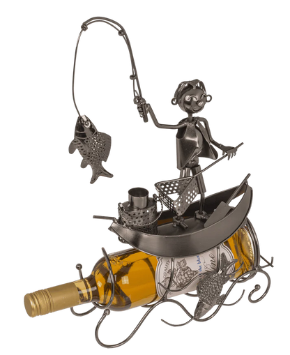 Suport pentru sticla din metal – design artistic Pescar contemporan