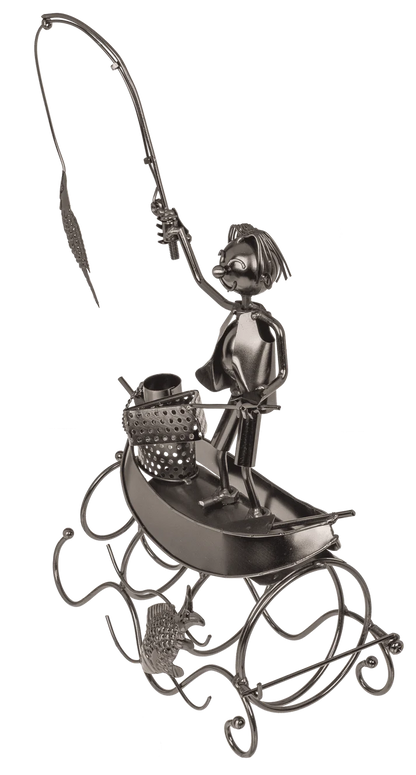 Suport pentru sticla din metal – design artistic Pescar contemporan