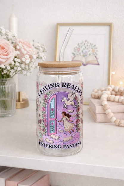 Tumbler "Leaving Reality Entering Fantasy", cu print față-verso, capac din bambus și pai