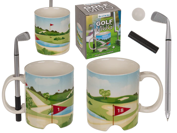 Cană din ceramică cu tematică golf, cu pix tip crosă și minge de golf