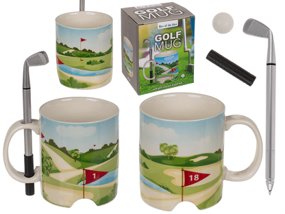 Cană din ceramică cu tematică golf, cu pix tip crosă și minge de golf