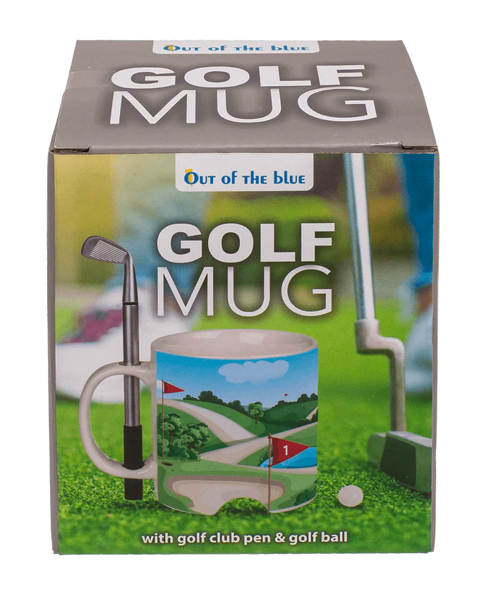 Cană din ceramică cu tematică golf, cu pix tip crosă și minge de golf