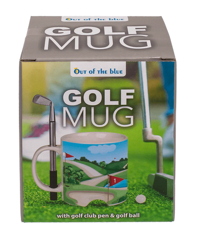 Cană din ceramică cu tematică golf, cu pix tip crosă și minge de golf