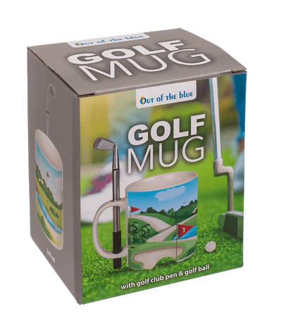 Cană din ceramică cu tematică golf, cu pix tip crosă și minge de golf