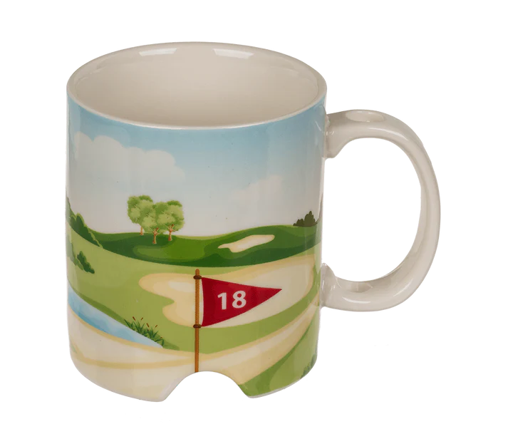 Cană din ceramică cu tematică golf, cu pix tip crosă și minge de golf