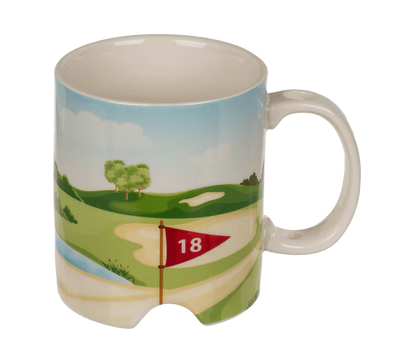 Cană din ceramică cu tematică golf, cu pix tip crosă și minge de golf