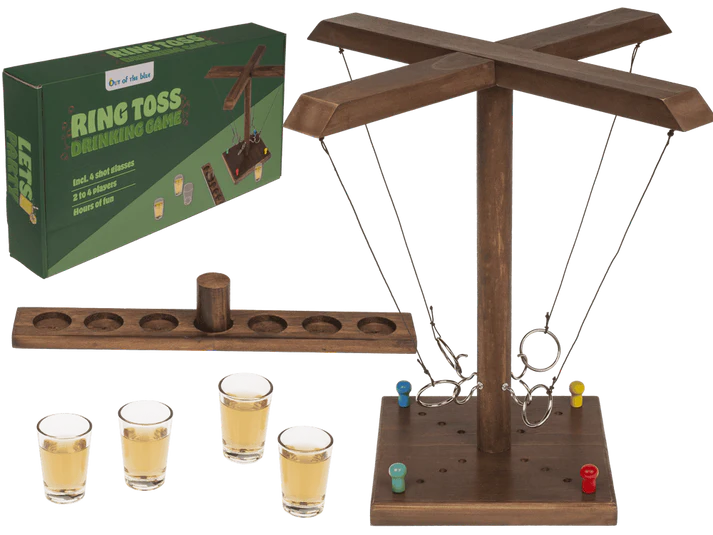 Joc de băut, cu inele, Ring Toss, din lemn, 4 pahare shot, pentru 2–4 jucători