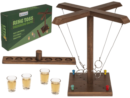 Joc de băut, cu inele, Ring Toss, din lemn, 4 pahare shot, pentru 2–4 jucători