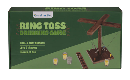 Joc de băut, cu inele, Ring Toss, din lemn, 4 pahare shot, pentru 2–4 jucători