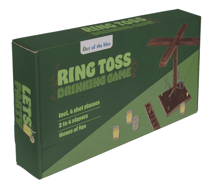 Joc de băut, cu inele, Ring Toss, din lemn, 4 pahare shot, pentru 2–4 jucători