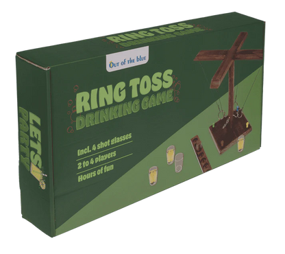Joc de băut, cu inele, Ring Toss, din lemn, 4 pahare shot, pentru 2–4 jucători