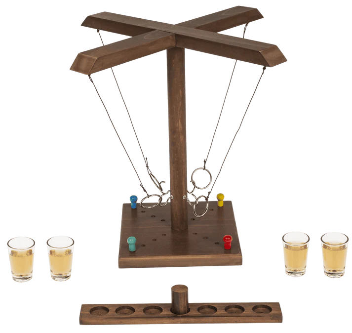 Joc de băut, cu inele, Ring Toss, din lemn, 4 pahare shot, pentru 2–4 jucători