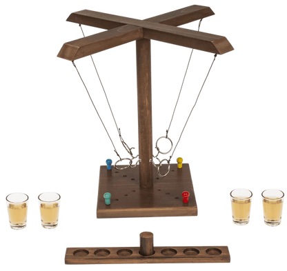 Joc de băut, cu inele, Ring Toss, din lemn, 4 pahare shot, pentru 2–4 jucători