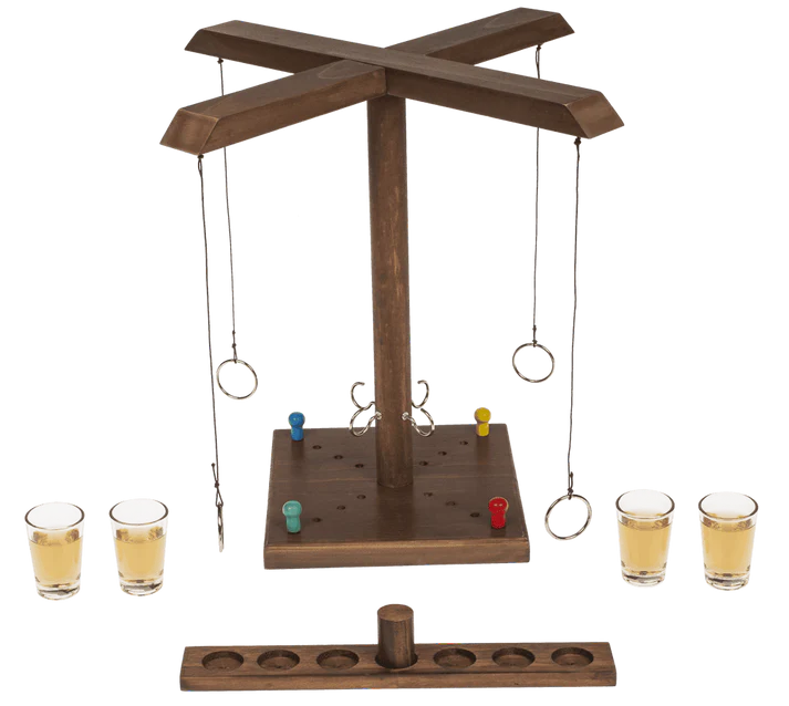 Joc de băut, cu inele, Ring Toss, din lemn, 4 pahare shot, pentru 2–4 jucători