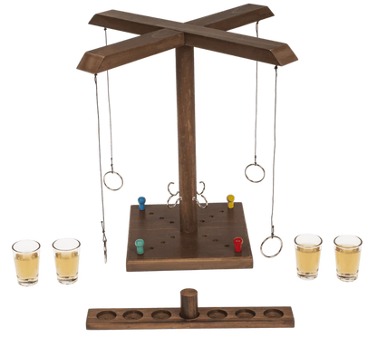 Joc de băut, cu inele, Ring Toss, din lemn, 4 pahare shot, pentru 2–4 jucători