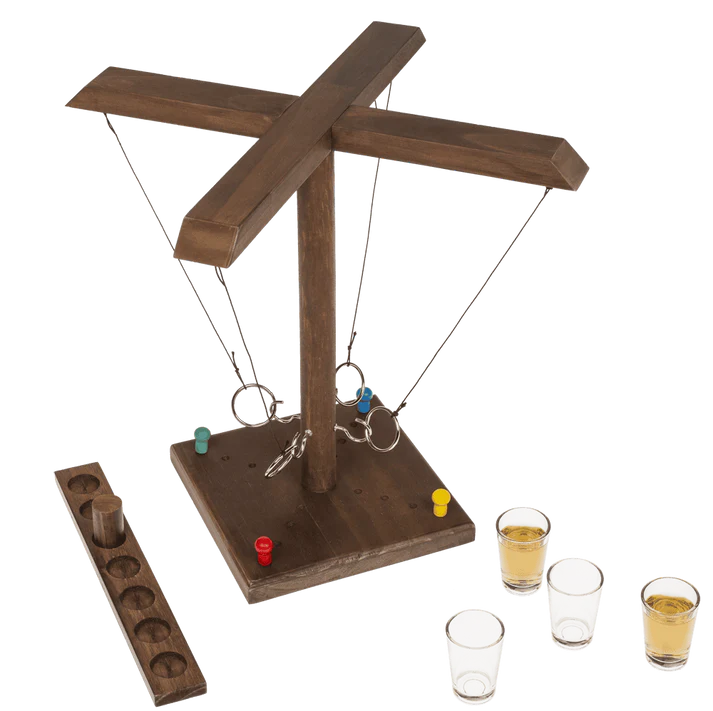Joc de băut, cu inele, Ring Toss, din lemn, 4 pahare shot, pentru 2–4 jucători