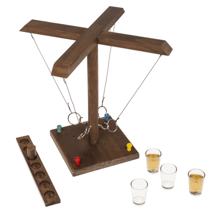 Joc de băut, cu inele, Ring Toss, din lemn, 4 pahare shot, pentru 2–4 jucători