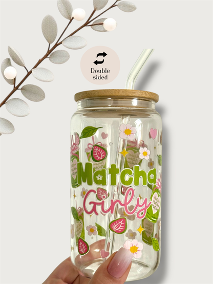 Tumbler "Matcha Girly", cu print față-verso, capac din bambus și pai