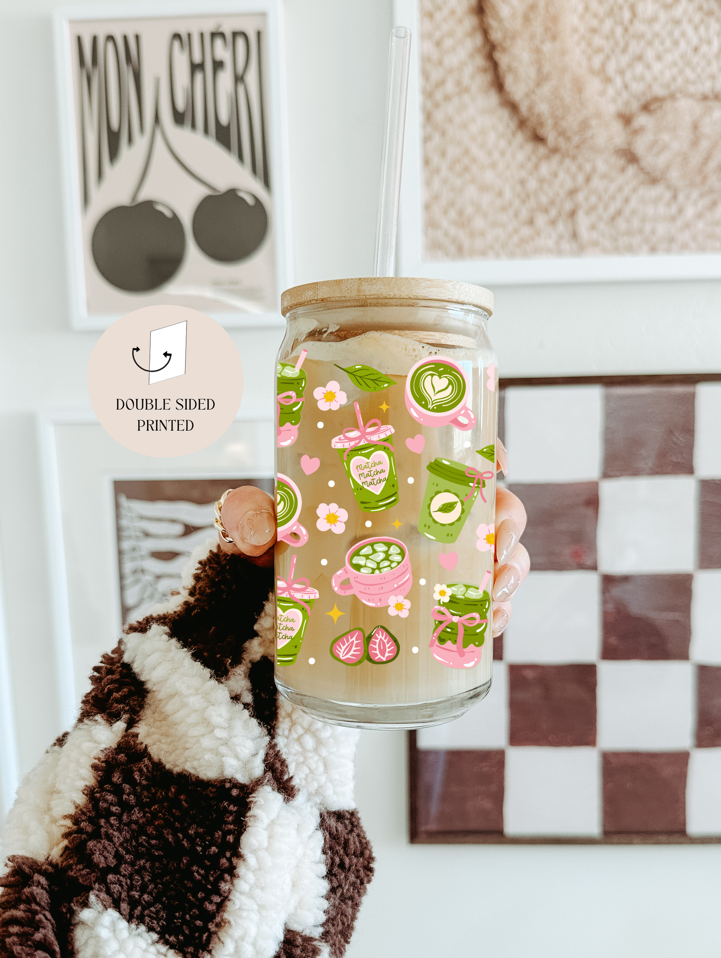 Tumbler "Matcha", cu print față-verso, capac din bambus și pai
