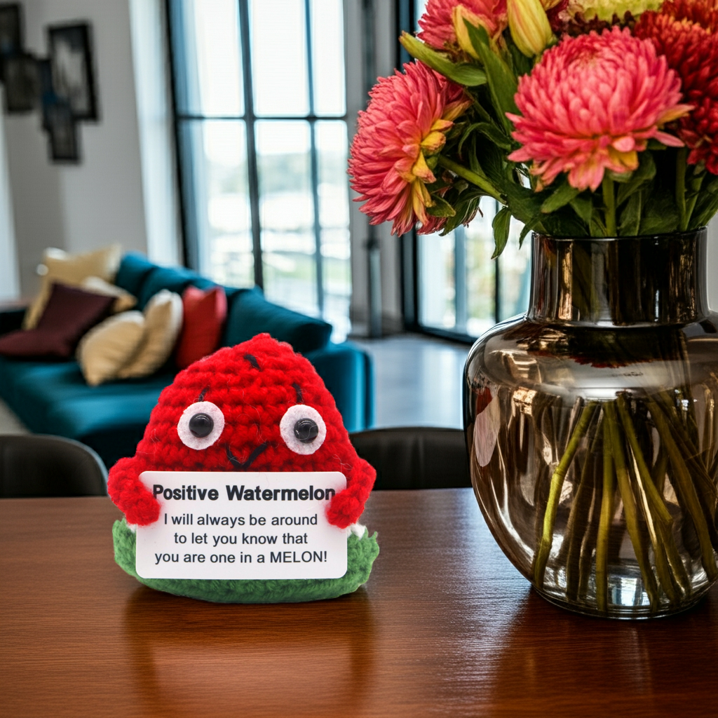 Mascotă croșetată, model pepene rosu, Positive Watermelon, mesaj motivațional