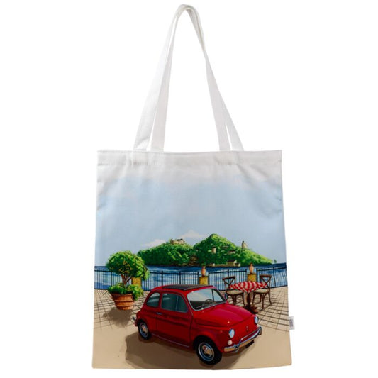 Geanta Tote Bag, bumbac, model masina Fiat 500 Riviera, 39 x 37 cm