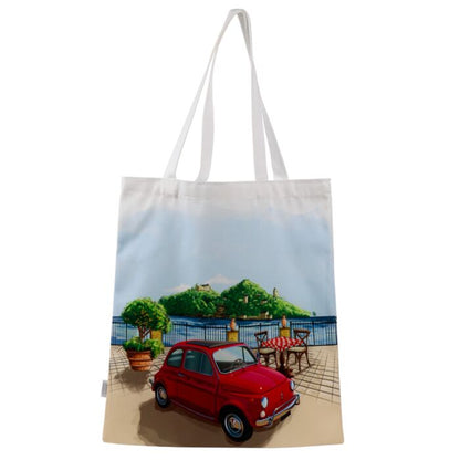 Geanta Tote Bag, bumbac, model masina Fiat 500 Riviera, 39 x 37 cm